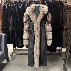 BLACK MINK W/ INDIGO FOX CAPUCHON, TUXEDO & SLEEVES! WAS 6995, NOW $1895 SIZE L